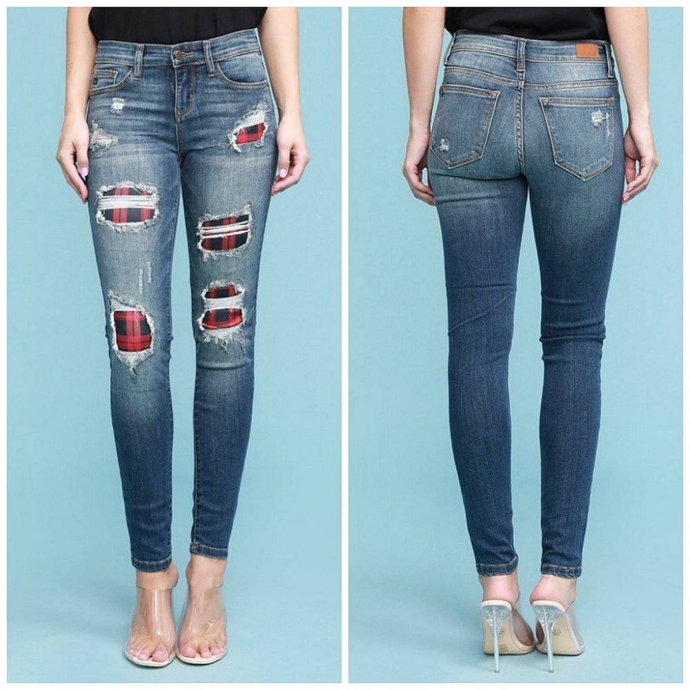 Judy Blue Buffalo Plaid Patch Skinny Jeans Size 5 - Picture 2 of 11